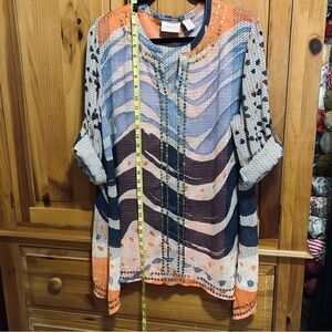 Chico’s large (2) blue/coral blouse with convertible sleeves/gold embellishments